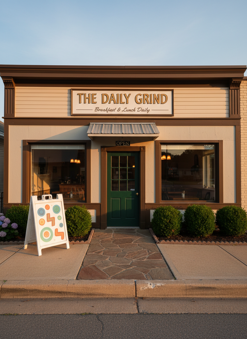 An exterior view of a modest, welcoming standalone restaurant building in Hopkinsville, Kentucky, with a simple, classic facade in neutral tones and large front windows revealing a warm glow inside. A clearly marked entrance door sits beneath a small overhang, and a few neatly trimmed shrubs line the front walkway. A sidewalk sandwich-board sign near the door uses abstract shapes instead of readable text to suggest daily specials. Captured in soft late-afternoon light, the sky slightly golden, with gentle shadows on the building. Photographic realism, wide-angle shot from street level, everything in crisp focus. The mood is inviting and dependable, emphasizing a local, family-friendly place that’s open daily for breakfast and lunch.