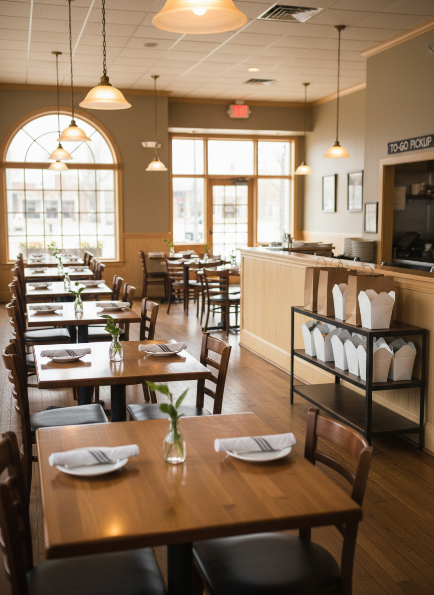A bright, welcoming overview of a family-style restaurant dining area with neatly arranged wooden tables set with white plates, rolled napkins, and small vases holding simple greenery. A counter in the midground features a to-go pickup shelf with labeled brown paper bags and sturdy white takeout containers. Warm pendant lights cast a soft, even glow across the polished floor and tabletops, with daylight filtering in from large front windows. Photographic realism, wide-angle lens at eye level, everything in sharp focus. The overall mood is professional yet homey, emphasizing dine-in comfort and convenient takeout in a friendly Hopkinsville, Kentucky neighborhood setting, with no visible people or logos.