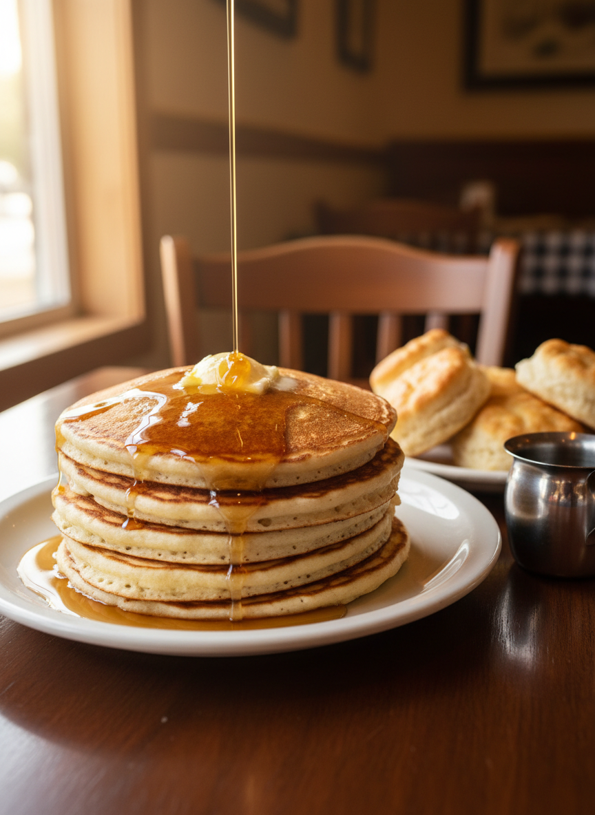 A large platter of golden buttermilk pancakes stacked high on a simple white ceramic plate, topped with a square of melting butter and a drizzle of warm maple syrup slowly cascading down the sides. In the background, a side dish of fluffy biscuits and a small stainless-steel syrup pitcher rest on a polished wooden table. Soft morning sunlight from a nearby window creates gentle highlights on the syrup and subtle shadows beneath the plate. Photographic realism, eye-level composition with shallow depth of field, the background slightly blurred to suggest a cozy, family-friendly restaurant interior in Hopkinsville, KY. The mood is warm, inviting, and comforting, perfect for a classic breakfast favorite.