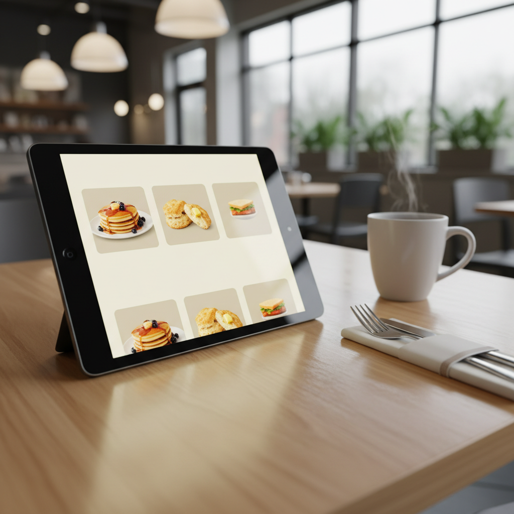 A modern tablet resting on a clean, light-wood restaurant table, screen displaying a simple, appetizing online ordering interface with large photos of pancakes, biscuits, and lunch items, rendered as generic icons without readable text. Beside the tablet sit a wrapped set of silverware and a neatly folded cloth napkin, with a steaming cup of coffee in a white ceramic mug. Soft indoor lighting from overhead fixtures creates a warm, professional ambiance, with slight reflections on the tablet screen. Photographic realism, shot at a three-quarter angle with the tablet in sharp focus and the restaurant interior subtly blurred behind. The mood is efficient and reassuring, emphasizing the ease of online ordering at The Village Restaurant.