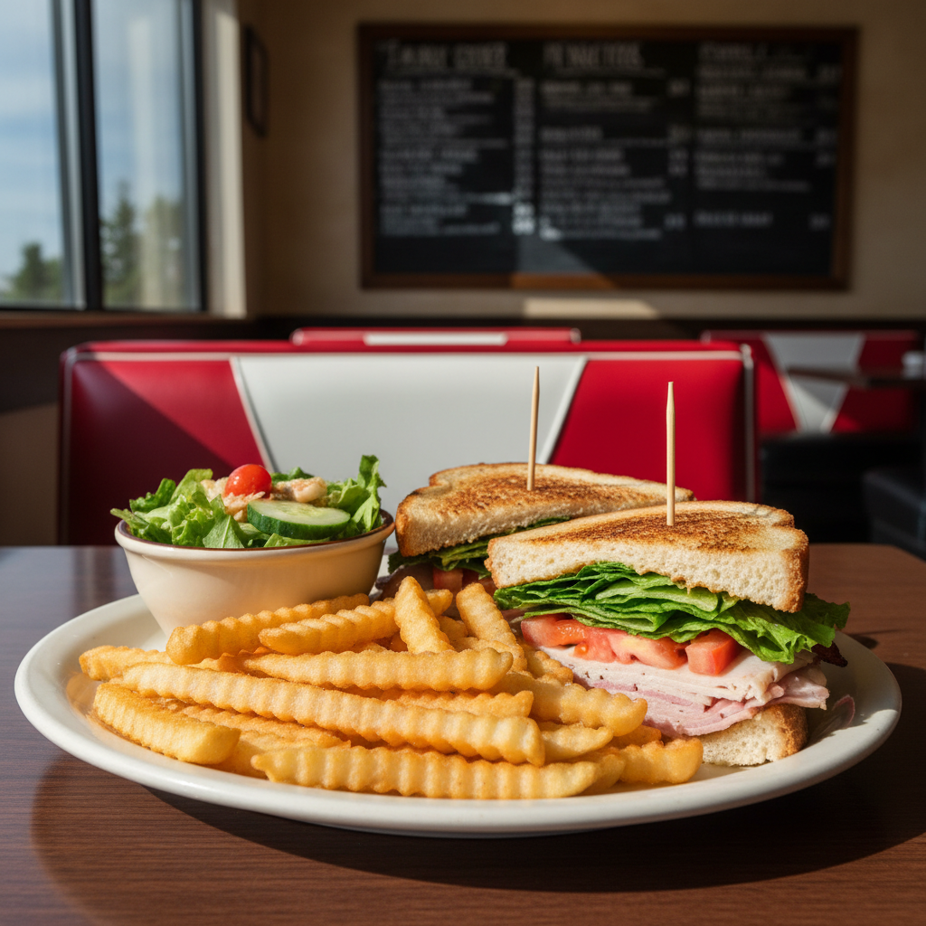 A well-balanced lunch plate featuring a classic diner-style sandwich on toasted bread, layered with fresh lettuce and tomato, accompanied by a generous serving of golden fries and a small side salad, all arranged on a clean white oval plate. The plate sits on a dark wooden table near a window, where midday sunlight streams in, casting soft, natural highlights on the crispy fries and glossy vegetables. In the softly blurred background, a chalkboard-style menu wall and a row of simple booths suggest a local Hopkinsville, KY lunch spot. Photographic realism, eye-level composition with moderate depth of field. The mood is casual, friendly, and satisfying, showcasing the restaurant’s lunch offerings.