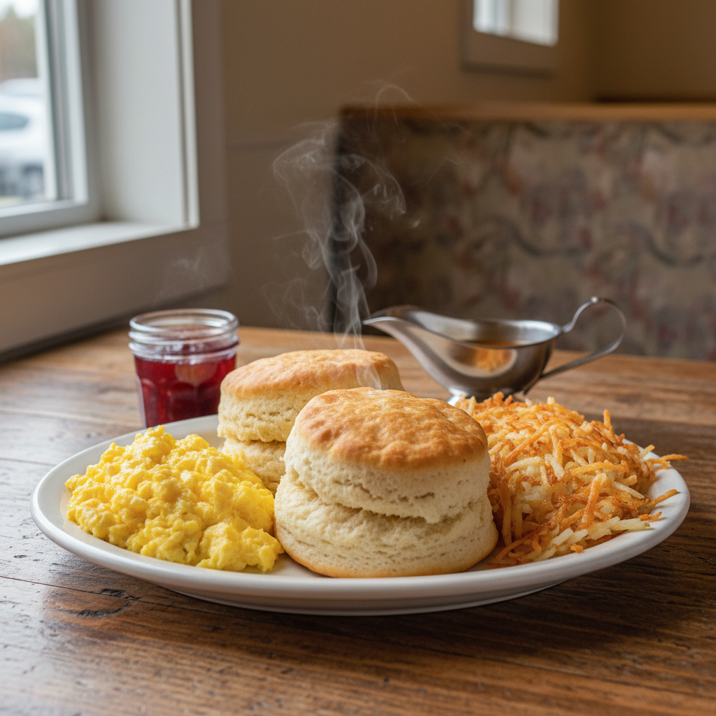 A close-up, photographic image of a hearty Southern breakfast plate on a rustic wooden table: two fluffy biscuits split open with steam gently rising, a side of crispy hash browns, and scrambled eggs with a light, buttery sheen. A small glass jar of jam and a stainless-steel gravy boat sit nearby, slightly out of focus. Soft, diffused morning light from the side highlights the textures of the biscuits and eggs, creating delicate shadows that add depth. Shot from a slightly elevated angle with shallow depth of field, the background hints at a tidy restaurant booth and neutral-toned walls. The mood is cozy and satisfying, perfectly representing comfort food at a local family restaurant.